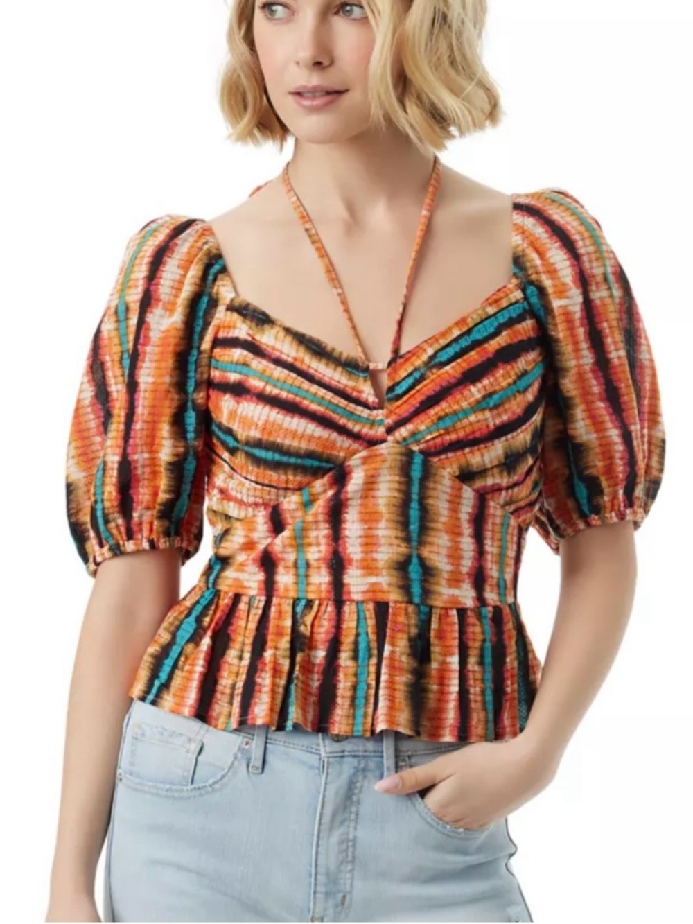 Jessica Simpson Multicolor Striped Puff-Sleeve Peplum Top in Orange and Teal